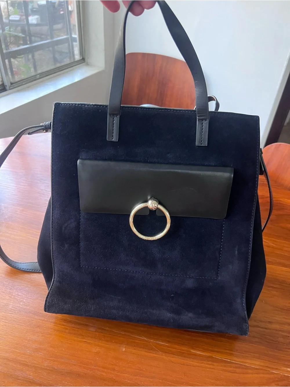 Claudie Pierlot Suede Cross Body Bag with Ring Accent - Navy